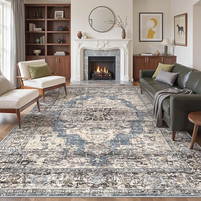 befbee 9x12 Area Rugs for Living Room,Ultra-Thin Washable Rug, Non-Slip Lightweight Foldable Area Rug, Stain Resistant Vintage Large Rugs(Blue/Black,9'x12')