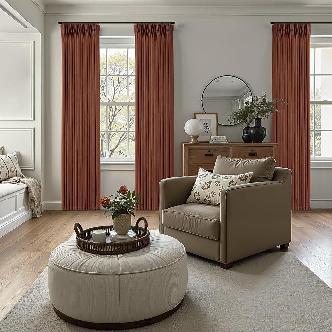 Terracotta Burnt Orange Thick Linen Curtains Pinch Pleated 108 Inch Length 2 Panels for Living Room Bedroom Semi Sheer Light Filtering Heavy Linen Drapes