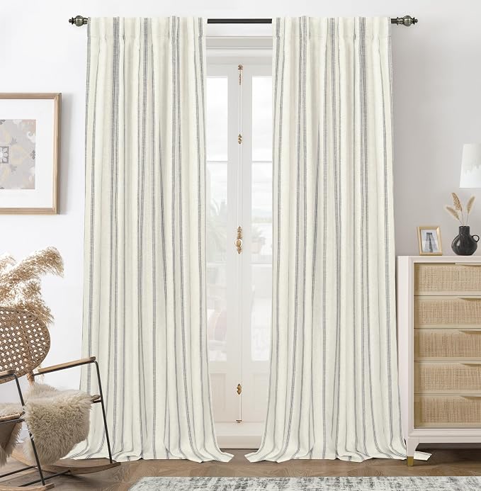 DriftAway Farmhouse Stripe Blackout Curtains, W52xL96, Gray | Blackout, Linen Texture, Stripe Pattern, Rod Pocket & Back Tab, Two Layers, Bedroom Living Room Use, Sound Reducing Design