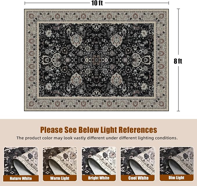 Blcak 8x10 Vintage Rugs for Living Room, Washable Rugs Non Slip Large Area Rug for Bedroom Dining Room Office, Floor Decoration Big Rug Carpet Low-Pile Kid & Pet Friendly(Blcak Navy Multi
