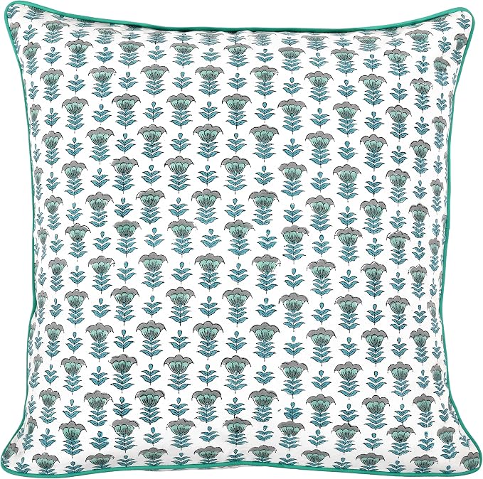Ridhi Block Print Aquamarine Blue Pillow Cover 24" x 24" (Pack of 2) Decorative Couch Pillows for Living Room, Farmhouse Chic Boho Cute Outdoor Pillows Covers Gifts for Spring, Mother's Day