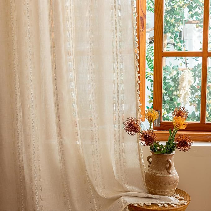 Natural Boho Sheer Curtains 72 inches long 2 Panels for Bedroom, Light filtering Semi Sheer Bohemian French Country Privacy Tassels Vintage Chic Embroidery Stripes Window Curtains Back Tab, 50" W