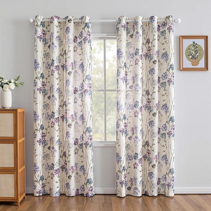 MYSKY HOME Floral Linen Curtains 84 inch Long 2 Panels Set for Living Room Semi Sheer Light Filtering Privacy Protect Farmhouse Grommet Drapes, Purple, 52" Wide Each Panel, 2 Pcs