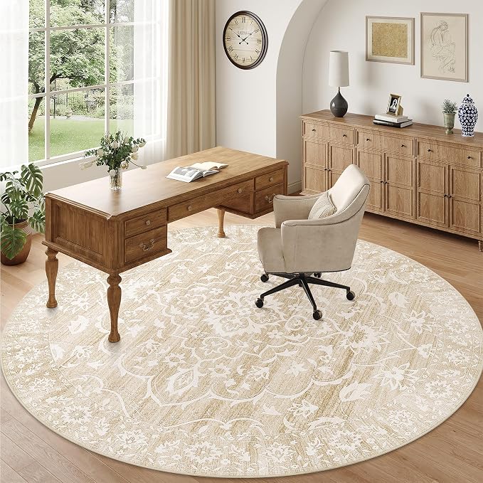 Soalmost Washable Round Rug 9ft for Living Room, Soft Circle Area Rug Beige | Vintage Floral Ultra-Thin Non-Slip Rugs, 9x9 Round Throw Carpet for Dining Room Nursery Bedroom Kitchen 9'Round