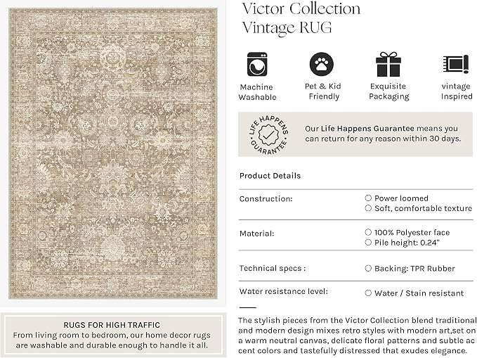 HUGEAR Entryway Rugs 2x3 Beige Washable Rug Door Mat Neutral Vintage Rug Carpet Distressed Soft Durable Non Slip No Shedding for Indoor Bedroom Kitchen Dining Nursery Laundry