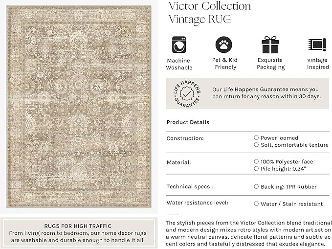 HUGEAR Hallway Runner Rugs 2x10 Beige Washable Rug Neutral Vintage Rug Carpet Distressed Soft Durable Non Slip No Shedding for Indoor Bedroom Kitchen Dining Nursery Laundry