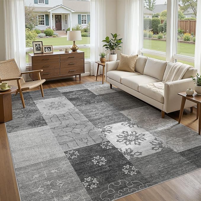 UERMEI 8x10 Area Rug for Living Room - Washable Vintage Carpet, Non-Slip Soft Large Indoor Floor Rugs for Bedroom Home Office & Under Dining Table Decor, Gray Block