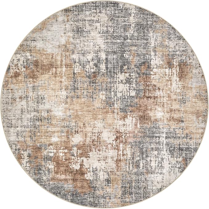 DMOYEST 8ft Round Area Rug Living Room Rugs - 8x8 Washable Large Soft Indoor Neutral Modern Abstract Low Pile Rug Carpet for Bedroom Dining Room Farmhouse Home Office - Grey Brown