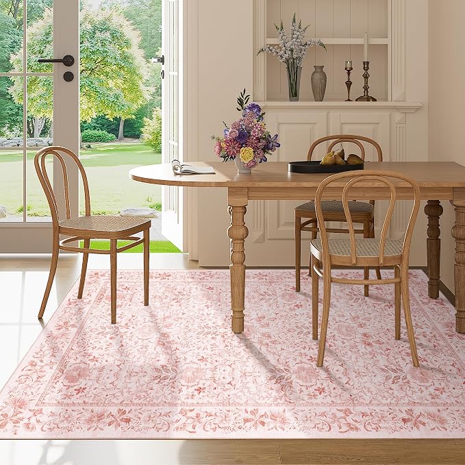DUKINO 5x7 Area Rugs, Vintage Floral Washable Rug for Living Room, Pink | Non Slip, Low Pile, Soft, Lightweight, Boho Indoor Carpet for Bedroom, Office, Dining Room, Dorm Room, Farmhouse, Home Decor