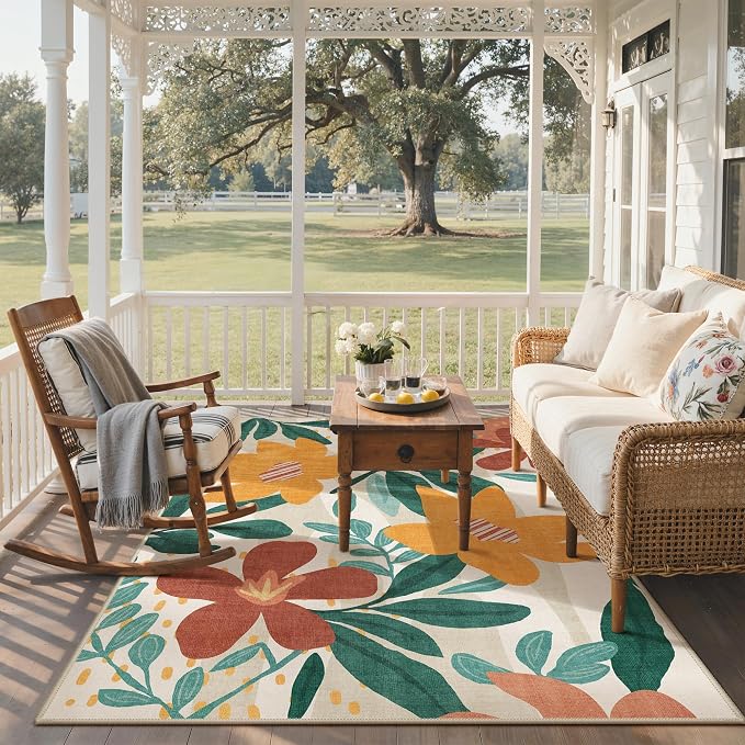 GENIMO 6x9 Outdoor Rug, Washable for Patio and Deck, Teal Orange | Floral design for dining area; fade resistant chenille with quick-dry non-slip backing for indoor sunroom
