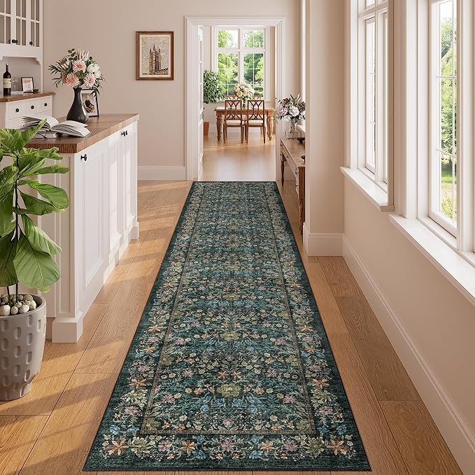 DUKINO 2x8 Runner Rug, Washable Vintage Floral Kitchen Rug, Blue | Non Slip, Low Pile, Non-Shedding, Stain Resistant Aesthetic Soft Carpet Runner for Hallway Bathroom Laundry Bedroom Entryway