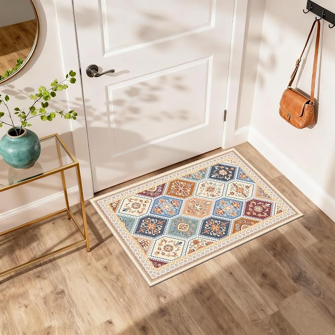 2x3 Washable Entryway Rugs, Soft Non-Slip Boho Moroccan Rug, Low-Pile Printed Indoor Throw Rugs for Entrance, Kitchen, Bedroom Bedside- Multi | Soft Low-Pile Printed Indoor Throw Rugs for Entrance, Kitchen, Bedroom Bedside