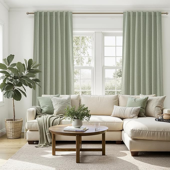Sage Green Kitchen Curtains 54 Inch Length Small Basement Window Blackout Pleated Curtain for Winter Insulated Linen Cafe Classroom/Dorm Light Green Drapes Hook Belt/Back Tab(50"x54"x2 Panels)