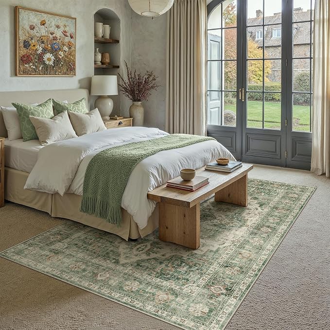 HUGEAR 6x9 Machine Washable Rug Green Area Rug Room Decor Vintage Distressed Living Room Carpet Non Slip Low Pile Throw Rugs for Bedroom Dining Room Office Soft Lightweight