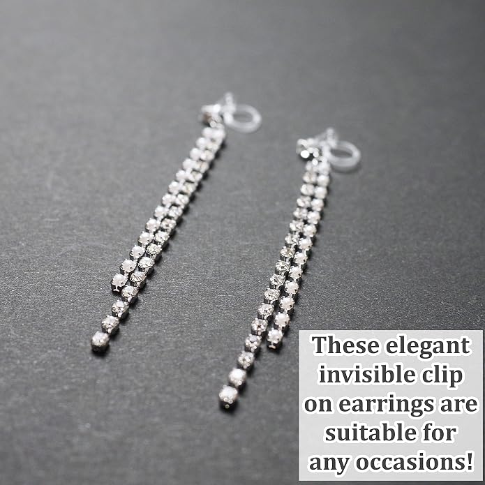 Dangle Silver Invisible Clip On Earrings for Women Not Pierced Gold Crystal Rhinestone Comfortable Hoop Fringe Long Chain Clip On Earrings