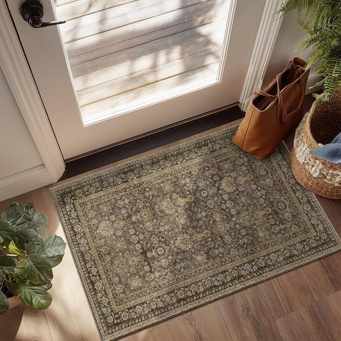 Washable 2x3 Entryway Rug, Boho Vintage Non-Slip Door Mat, Deep Brown | 0.3" Neutral Throw Small Rugs for Bedroom Kitchen Nursery Entrance, Cushioned for High-traffic Area