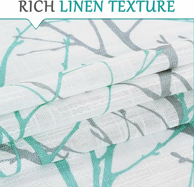 FMFUNCTEX Linen Aqua Blue White Semi Sheer Print Curtains 84 Inch 2 Panels | Branch Sheer Patterned Drapes, Light Filtering Grommet Panels for Bedroom, Living Room, Basement, and Farmhouse Curtain