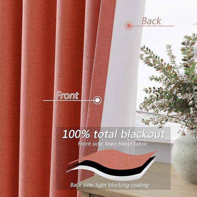 Guken Coral 100% Blackout Linen Curtains 120 Inch Length 2 Panels Set for Living Room Bedroom Back Tab/Rod Pocket Thermal Insulated Farmhouse Black Out Drapes Room Darkening,52x120