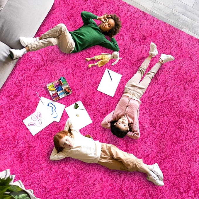 Dssimo Hot Pink Rugs for Living Room Bedroom, 9x12 Shaggy Area Rug | Large Plush Furry Upgrade Non-Slip Pink Area Rug for Nursery Kids Room Dorm Room Home Decor, Modern Indoor Floor Carpet