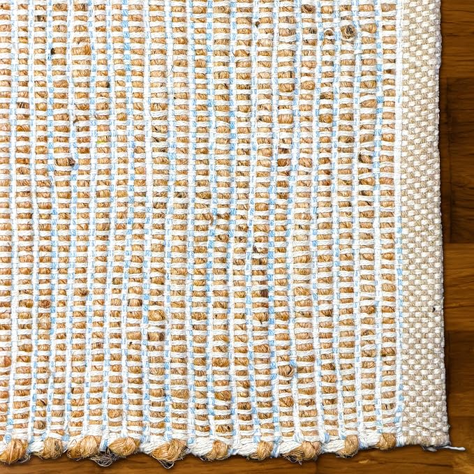 Chardin home 6x9 Jute Cotton Hand Woven Area Rug, Natural Jute Cream Blue Braided Boho Farmhouse Rug, Reversible Rustic Natural Fiber Carpet for Living Room Bedroom Dining Room