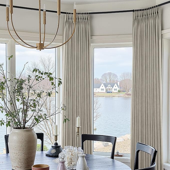 Grey Beige Pleated Linen Curtains 105 Inch Length 2 Panels Set Semi Sheer Light Filtering Tan Brown Window Drapes for Living Room Modern Viral Pinch Pleated Curtains 105 Inches with Hooks Rings Clips
