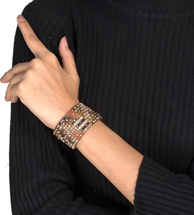 Joob Joob Handmade Boho Bracelets For Women - Colorful Crystal Beaded Bracelets - Easy Adjustable Leather Cuff Bracelet with Slider Opening