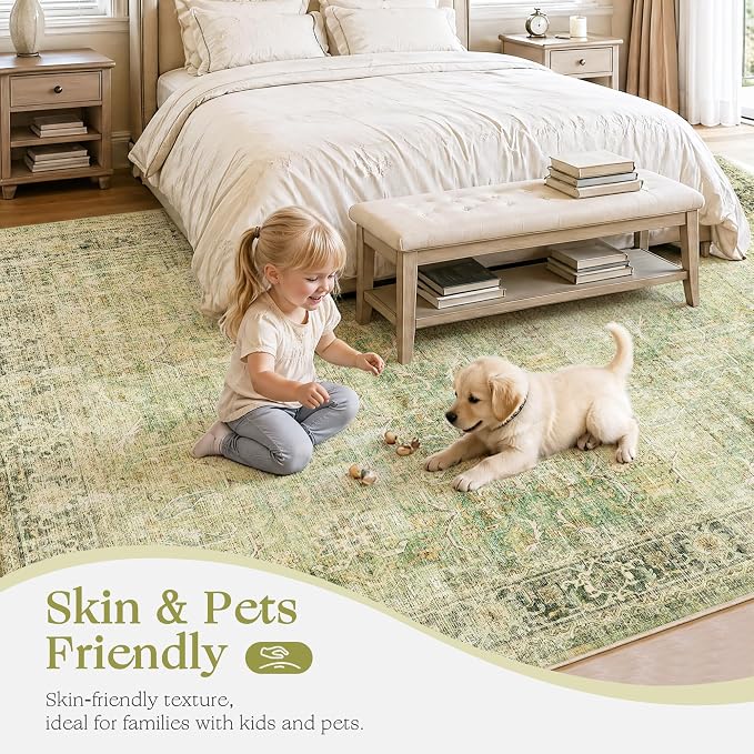 Beauoop 8x10 Washable Green Vintage Retro Large Area Rug for Living Room | Distressed Oriental Traditional Faded Non Slip Low Pile Thin Soft Indoor Throw Rug Pattern Bedroom Dining Room Office Nursery