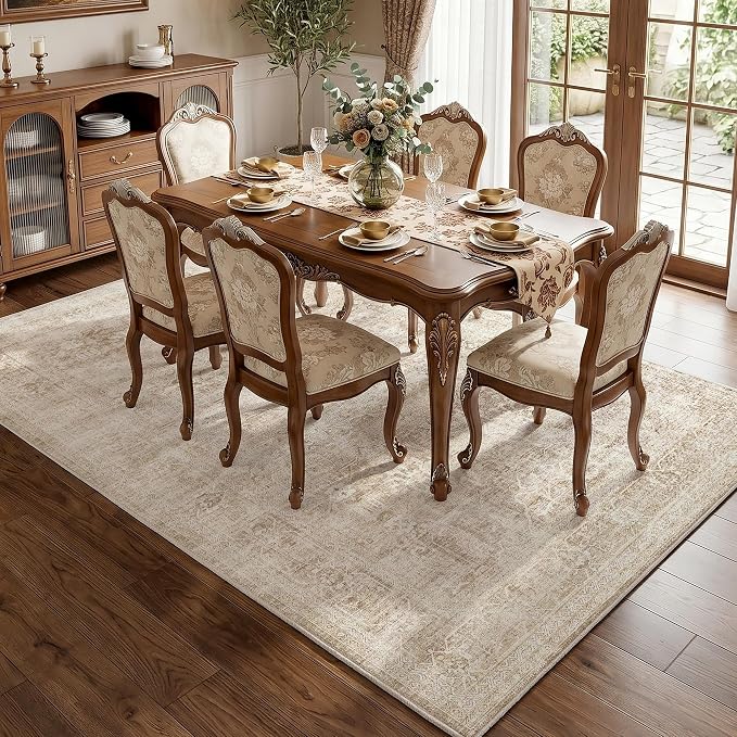 Beauoop 5x7 Washable Beige Neutral Vintage Large Area Rug for Living Room | Distressed Oriental Retro Traditional Non Slip Low Pile Thin Soft Indoor Rug Cream Pattern Bedroom Dining Room Office Nursery