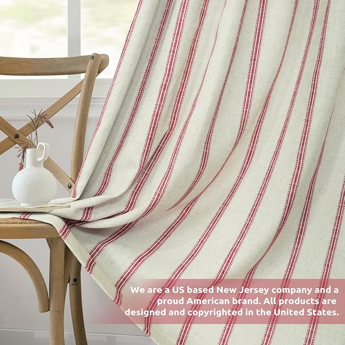 DriftAway Farmhouse Stripe Blackout Curtains, W52xL84, Red | Blackout, Linen Texture, Stripe Pattern, Rod Pocket & Back Tab, Two Layers, Bedroom Living Room Use, Sound Reducing Design