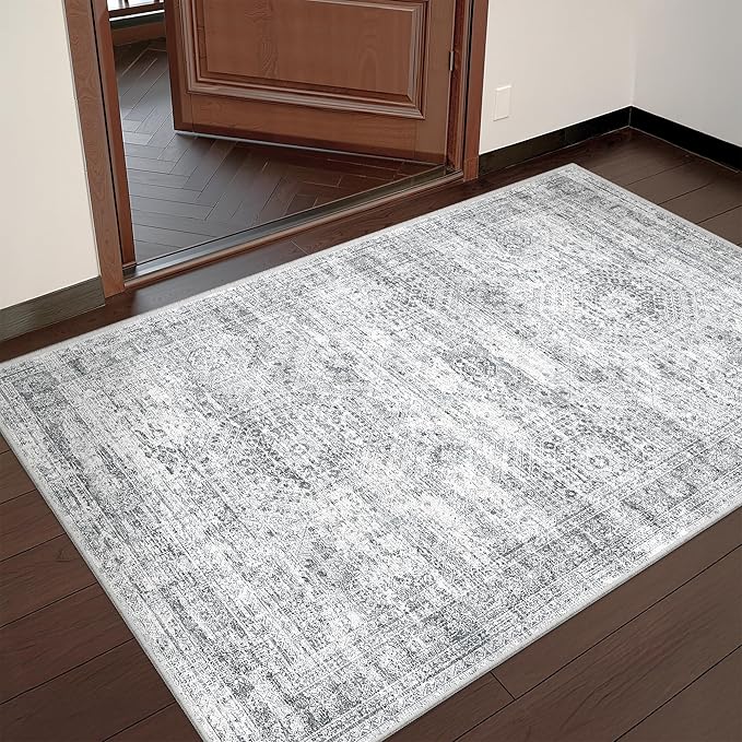 3x4 Rugs for Entryway,Washable Area Rug,Grey | Small Rug for Kitchen,Hallway,Bedroom,Bathroom,Thin,Soft, Neutral Rug,Stain Resistant Indoor Carpet,Non Slip