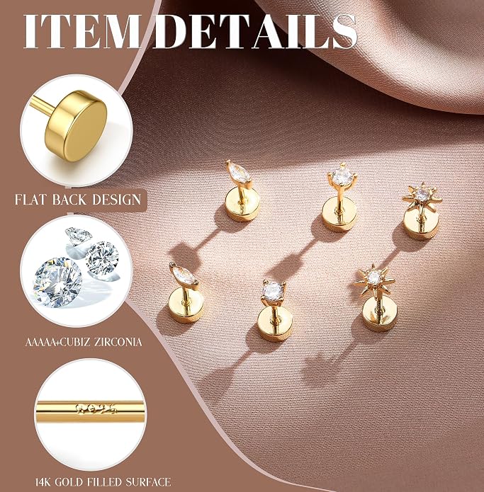 14K Gold Plated Solid 925 Sterling Silver Post Flat Back Earrings Stud | Cartilage Helix Conch Tragus Piercing Jewelry 3 Pairs Tiny Screw Dainty CZ Opal Earring Set Men Women