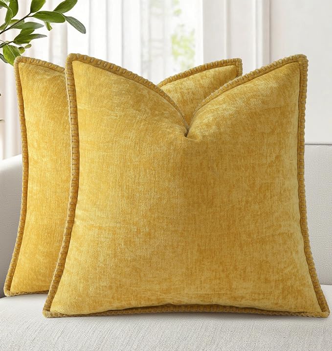 decorUhome Soft Chenille Throw Pillow Covers 20x20 Set of 2 Mineral Yellow | Fall Textured Decorative Throw Pillow Cases Stitched Edge Modern Farmhouse Luxury Boho Velvet for Couch Sofa Bed Home Decor