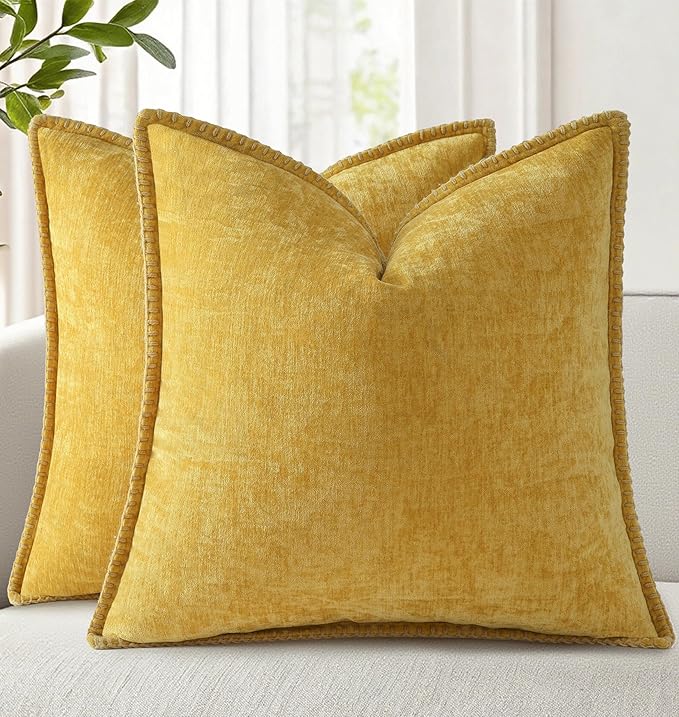 decorUhome Soft Chenille Throw Pillow Covers 24x24 Set of 2 Mineral Yellow | Fall Textured Decorative Throw Pillow Cases Stitched Edge Modern Farmhouse Luxury Boho Velvet for Couch Sofa Bed Home Decor