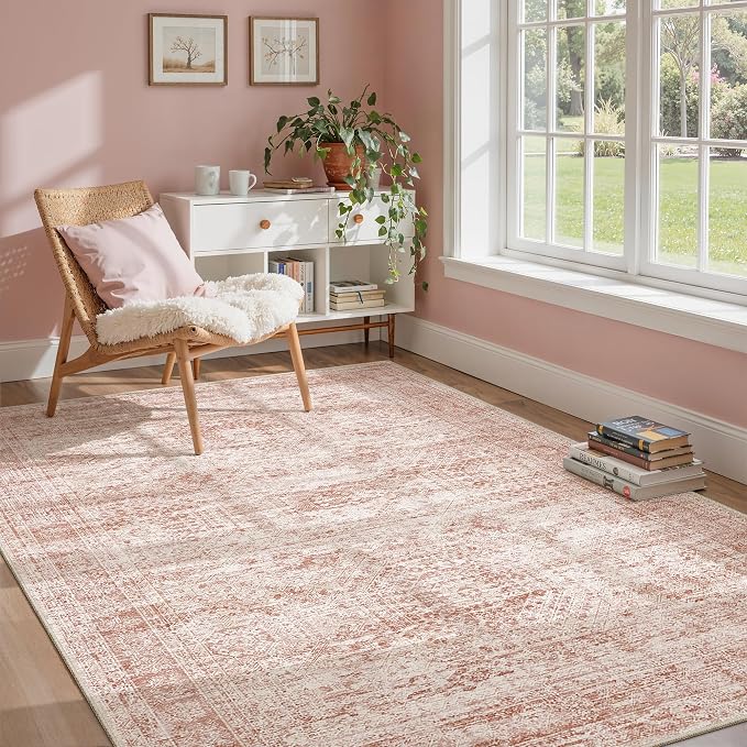 Soalmost 5x7 Area Rugs Pink Low Pile Indoor Washable Trendy Faded Style Rugs for Bedroom Living Room Dining Room Foldable Non-Slip Thin Print Mat