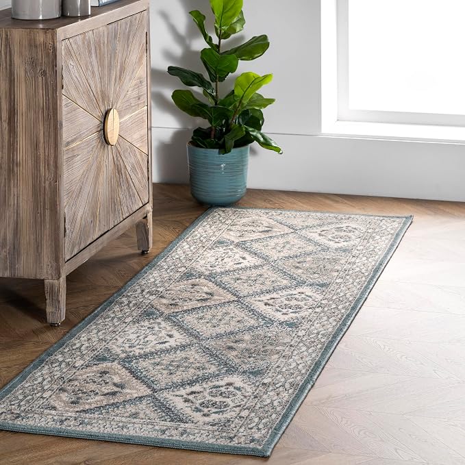 Nuloom Becca Blue/Ivory, 2'6" x 6', Traditional Tiled, Soft and Cozy, High Traffic, Stain Resistant, Easy Clean, Durable Runner for Bedroom, Living Room, Dining Space, Den, Foyer, Entryway
