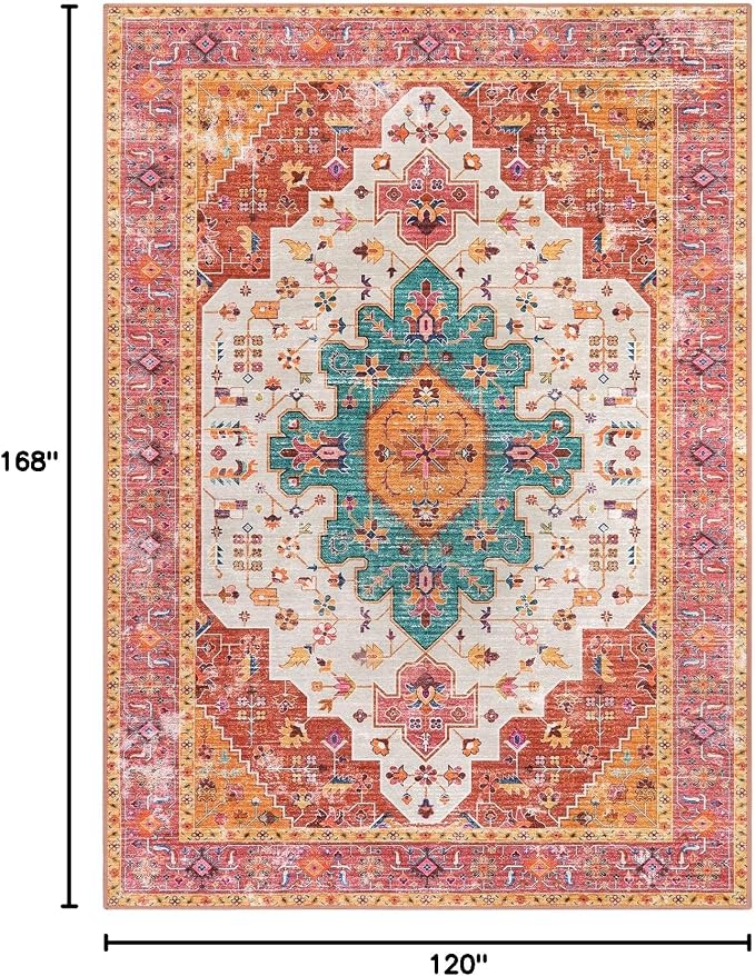 Moynesa Ultra-Thin Washable 10x14 Area Rugs for Bedroom, Pink Large Living Room Rug Non Slip, Medallion Oriental Indoor Floor Carpet for Dining Room Table Dorm Home Office Decor