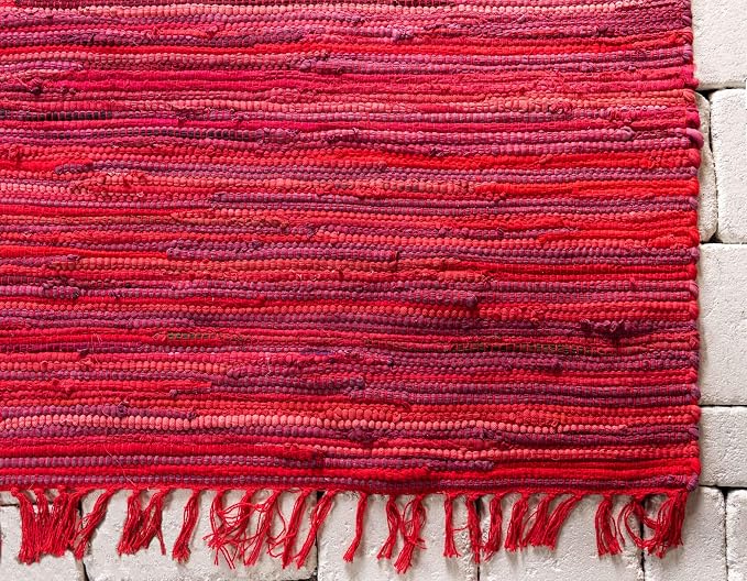 Unique Loom Chindi Cotton Collection Soft Hand Woven Natural Fiber Striped Area Rug, 8 ft x 10 ft, Red/Purple