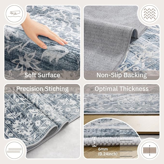 Soalmost 8x10 Area Rugs for Living Room, Washable Bedroom Soft Rug Blue | Vintage Floral Non-Slip Low Pile Stain Resistant Throw Large Neutral Carpet for Dining Room Kitchen Home Office 8'x10'