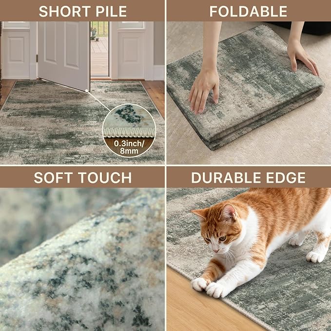 GENIMO Runner Rug Non Slip 2'6"x8', Washable Rug Runner for Hallways Kitchen, Abstract Modern Kitchen Rugs, Low Pile Lightweight Carpet Runners for Entryway, Bedroom, Laundry, Sage Green Sand