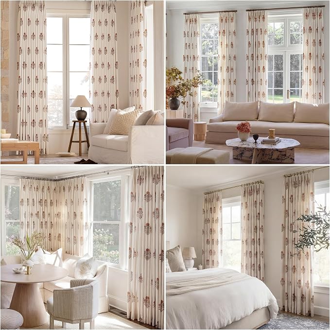 Pinch Pleated Curtains Light Filtering Red Floral Curtains for Living Room Bedroom Dining Room 102 Inches Luxury Linen Drapes Farmhouse Window Curtains with Hooks - 2 Panels Set, 40" x 102"