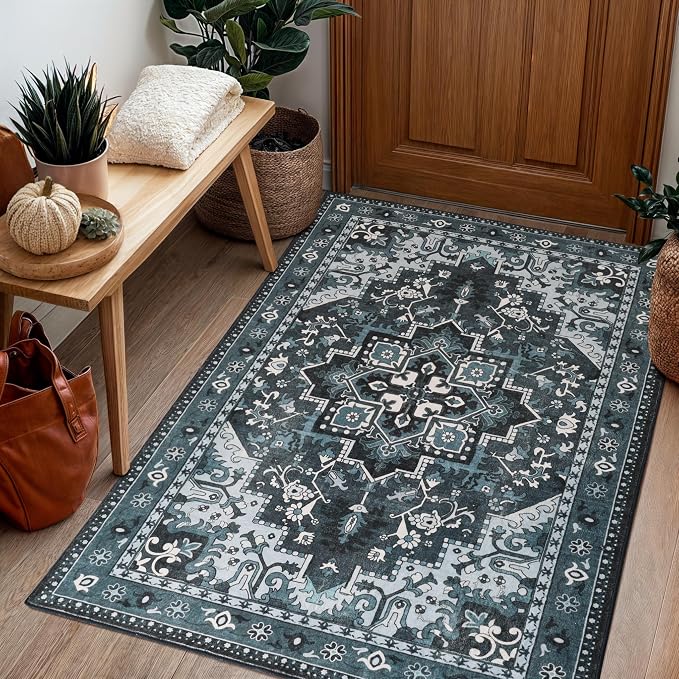 Rugflix 3x5 Area Rugs Machine Washable, Dark Navy Blue Carpet for Entryway, Oriental Indoor Area Rug Low Pile, Small Soft Thick Carpets Non Slip, Farmhouse Vintage Rug for Kitchen Laundry Room