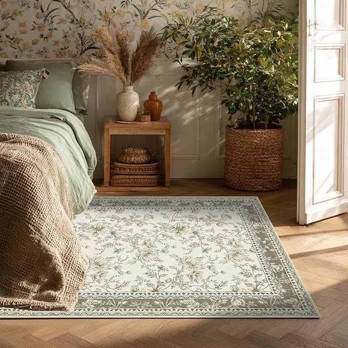 Floral Boho Rug 4x6 Washable Non Slip Area Rug Bohemian Carpet Door Mat Taupe Beige Tan Floral Distressed Modern Farmhouse Sketch Style Flower for Bedroom Foldable 4x6 for Entryway Living Room