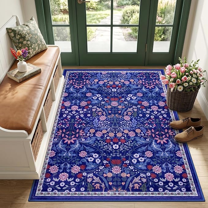 Area Rug Living Room Rugs: Floral 3x5 Washable Rug Vintage Soft Boho Non-Slip Carpet Indoor Floor Stain Resistant Large Carpets for Bedroom Dining Room Farmhouse Nursery Hallway Blue