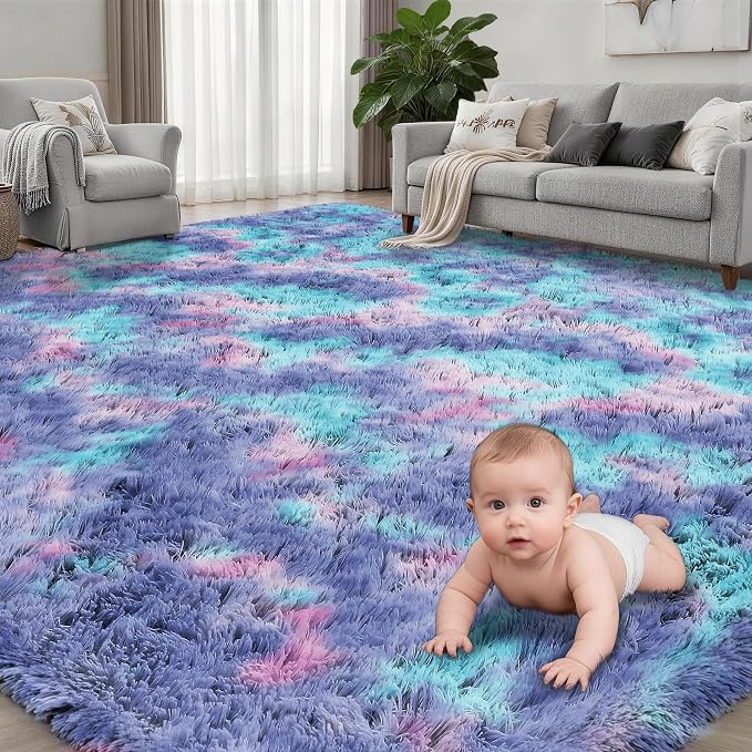 6x9 Area Rugs for Living Room Bedroom: Ultra Soft Fluffy Shag Rug Upgrade Non-Slip Non-Shedding Large Fuzzy Plush Carpet Indoor Floor Carpets for Kids Room Playroom Nursery Dorms Home Rainbow Purple