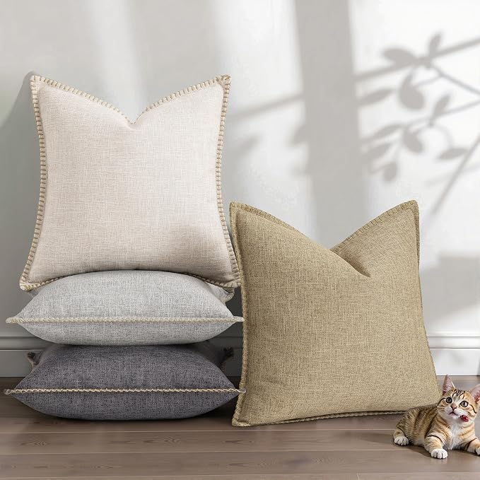decorUhome Beige Faux Linen Outdoor Throw Pillow Covers 12x20 Set of 2 | Fall Decorative Textured Neutral Modern Farmhouse Pillow Covers with Stitched Edge for Couch Sofa Bed Living Room