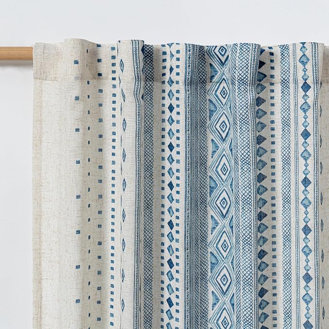 MYSKY HOME Boho Curtains Semi Sheer Linen Blended Curtains 95 Inches Long for Living Room Stripe Patterned Farmhouse Curtains Light Filtering Privacy Back Tab Drapes, 50'' Wide, Blue, 2 Panels