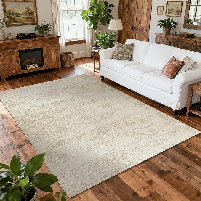 BILEEHOME 5 x 8 Rug for Living Room Washable Soft Modern Rugs Cream Beige | Tan Brown 5x8 Carpet, with Low Pile Non Slip, for Dining Room Bedroom, Neutral Abstract Farmhouse, Foldable Rubber Backed