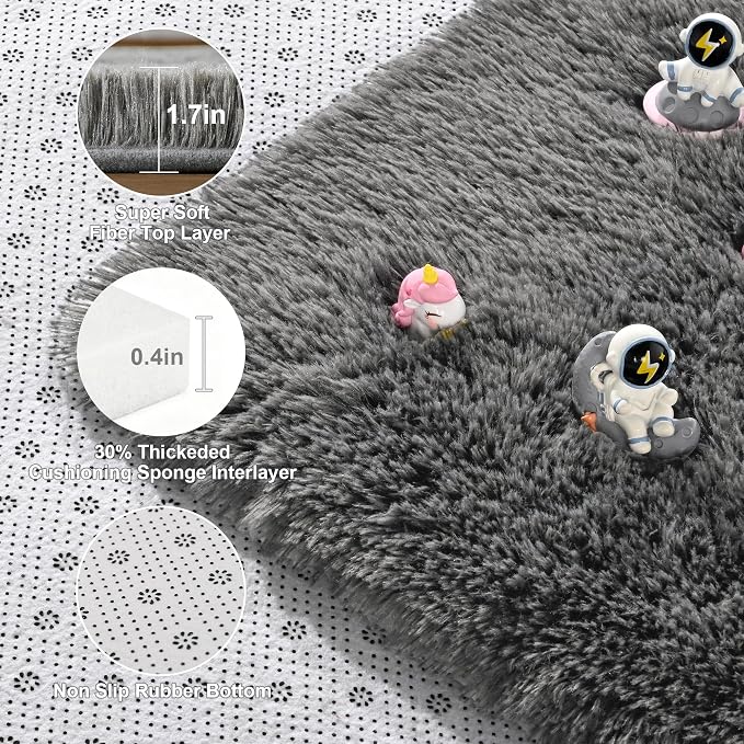 Fluffy Rugs for Living Room: Smoky Gray Shag Rug for Bedroom, Large Fuzzy Plush Indoor Carpet Non Slip Modern Rug for Nursery Kids Room Dorms Office Home Decor, 9x11 Feet