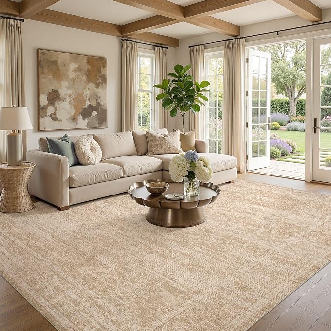 Nakagishi 9x12 Area Rugs Living Room:Washable Large Vintage Rug Neutral Non-Slip Soft Stain Resistant Indoor Carpet for Bedroom Nursery Dining Room Office Playroom