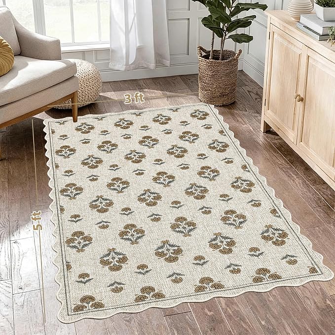 ORTIGIA Scalloped Easy Jute 3x5 Area Rug Vintage Yellow Block Floral Farmhouse Washable Rug Non-Slip Indoor Outdoor Carpet for Living Room Bedroom Kitchen Patio Entryway